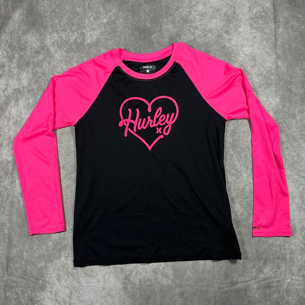 Hurley Girls Rash Guard Long Sleeve UPF 50 Swim Shirt Pink Black Heart L 14/16